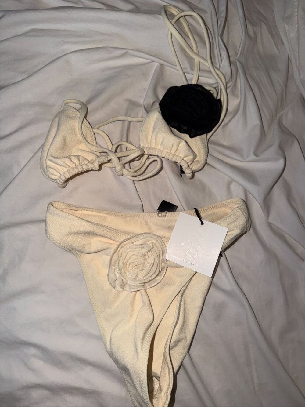SAME cream faux suede rosette bikini set, sz S